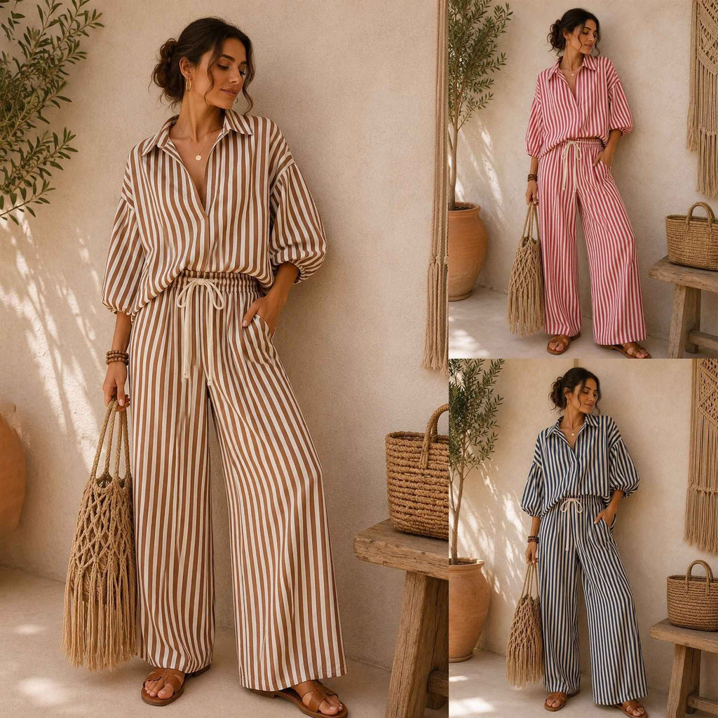 Fashionable Striped Lapel Shirt And Pants Womens Set