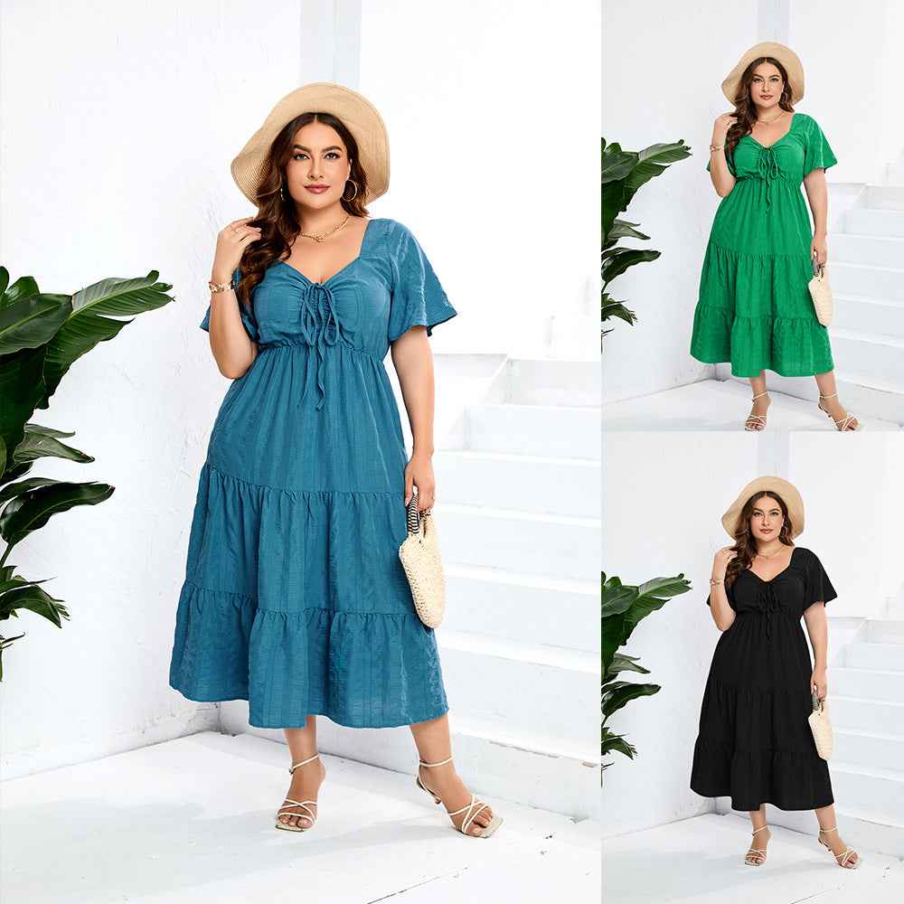 V-Neck Drawstring Waist A-Line Midi Dress – Plus Size