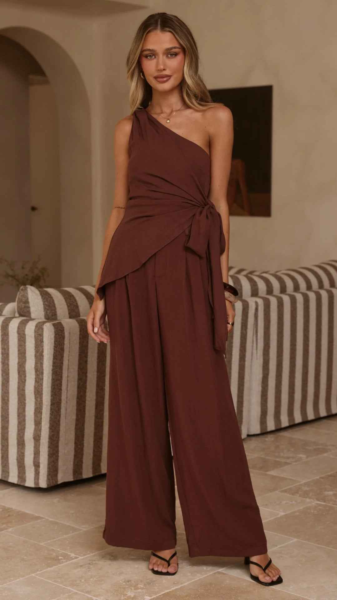 Off-Shoulder Lace-Up Waist-Slimming Sleeveless Casual Pants Set
