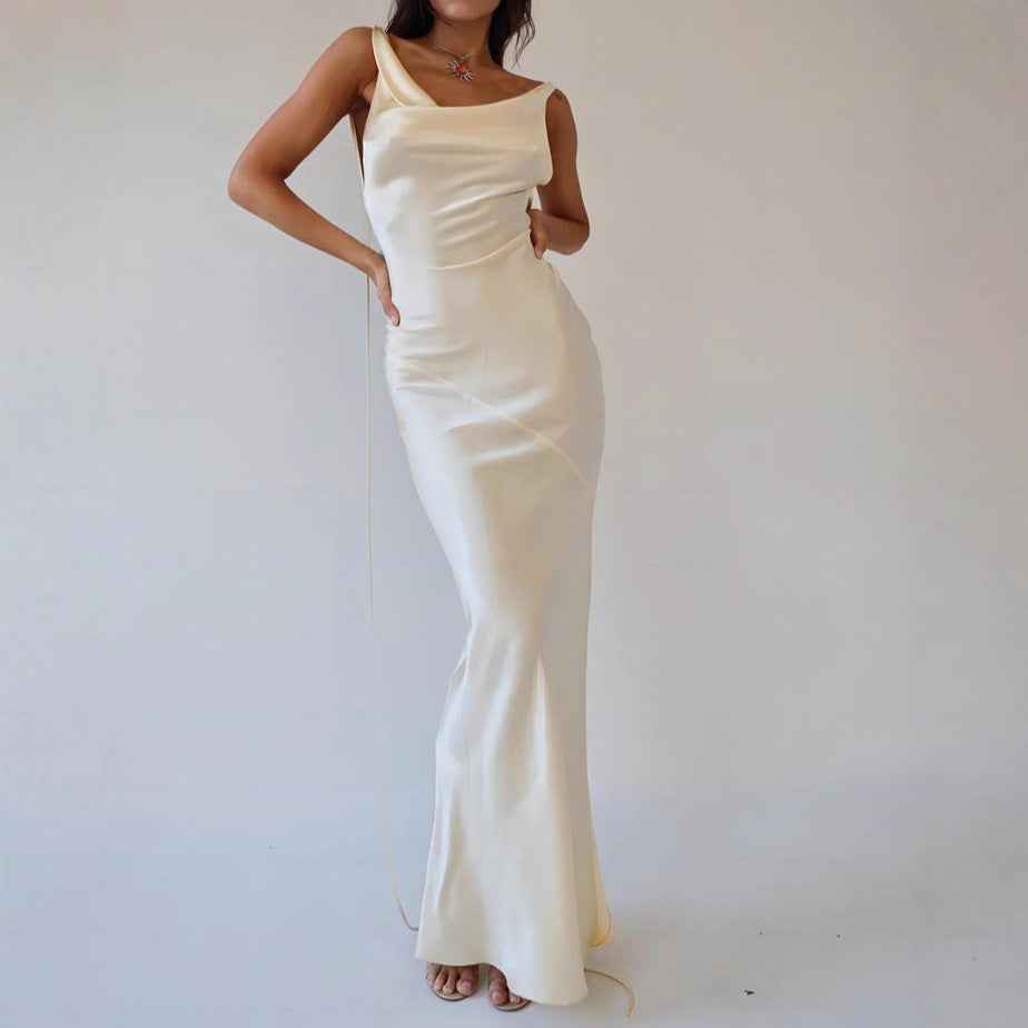 Spaghetti-Strap Open-Back Tie-Detail High-Waist A-Line Satin Maxi Dress