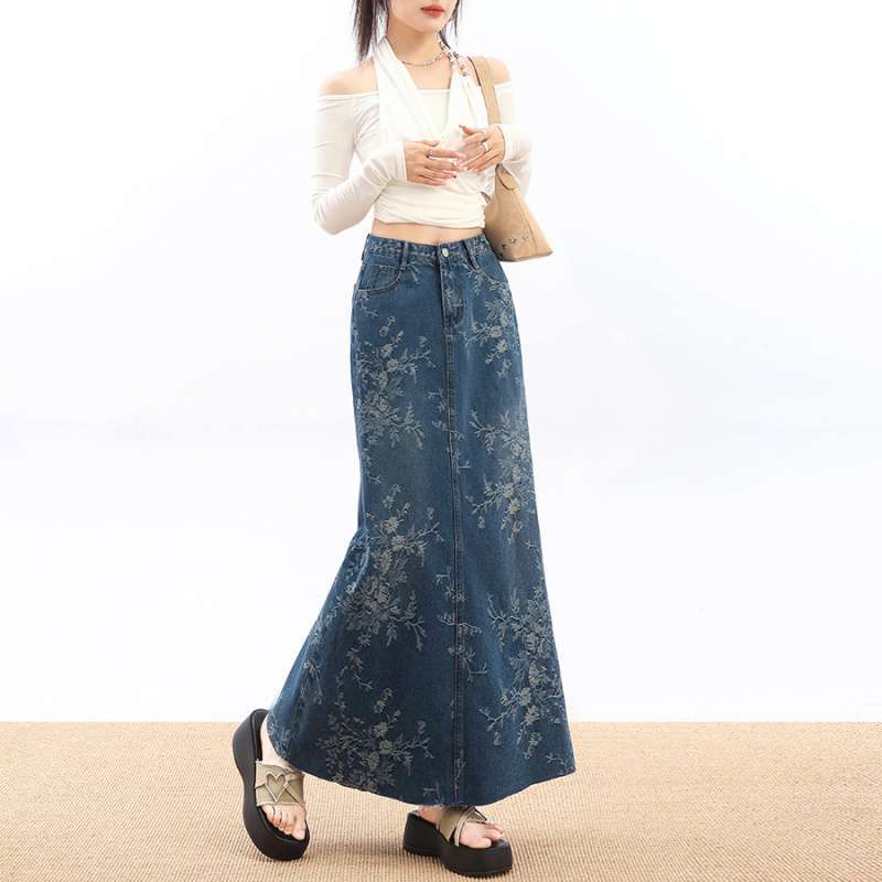 High-Waisted Jacquard Denim Skirt – French Retro