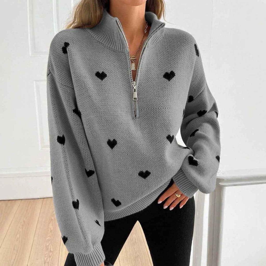 Womens Knitted Long-sleeve Sweater With A Heart-pattern Zipper