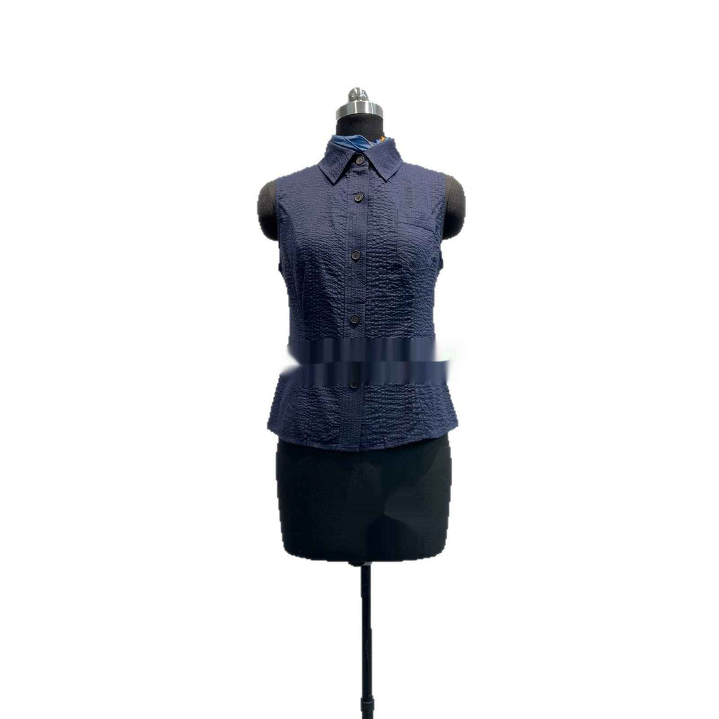 Womens Sleeveless Shirt With Lapel Collar Breathable Navy-Blue Commuter Top For Summer
