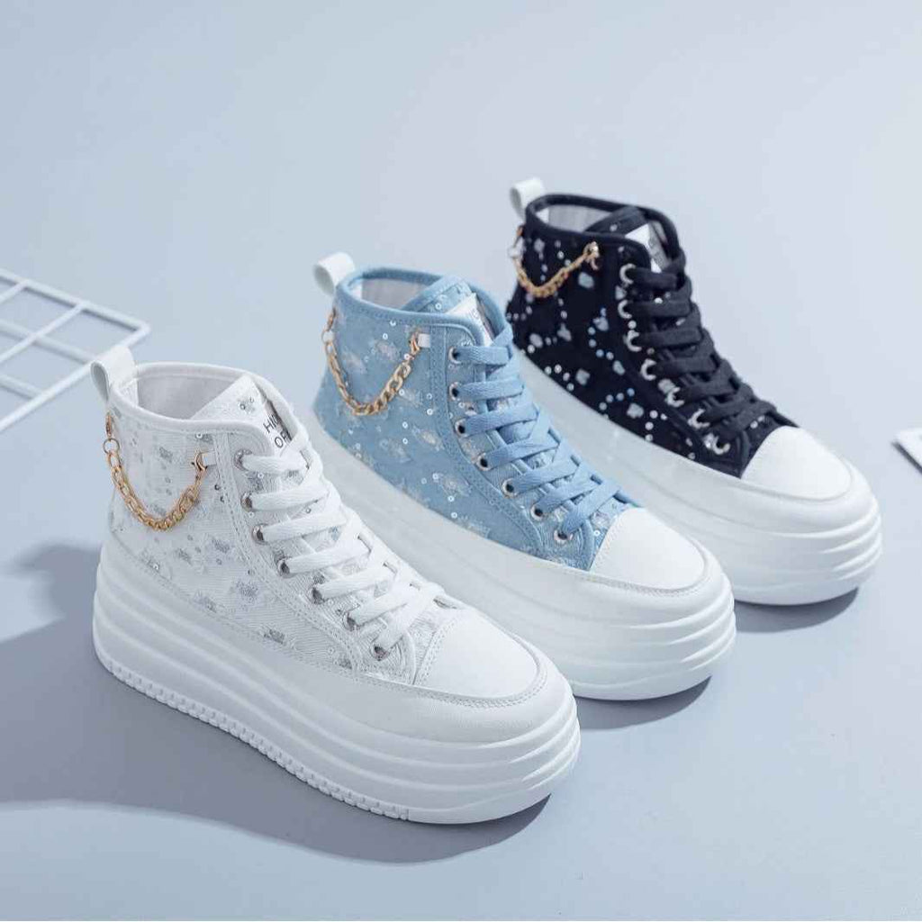 Women's Denim Chain-Strap Sneakers — Height-Boosting Casual Shoes