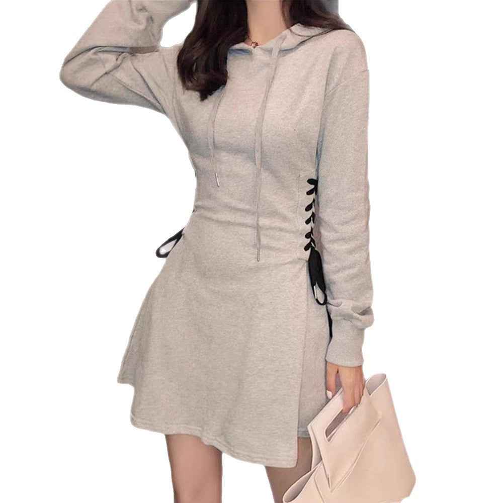 Hooded Sweatshirt Mini Dress with Lace-Up Waist Detail