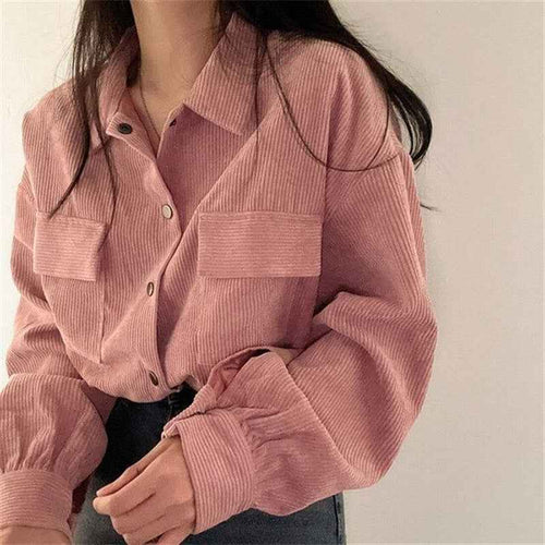 Corduroy Cropped Jacket – Notch Collar & Drawstring