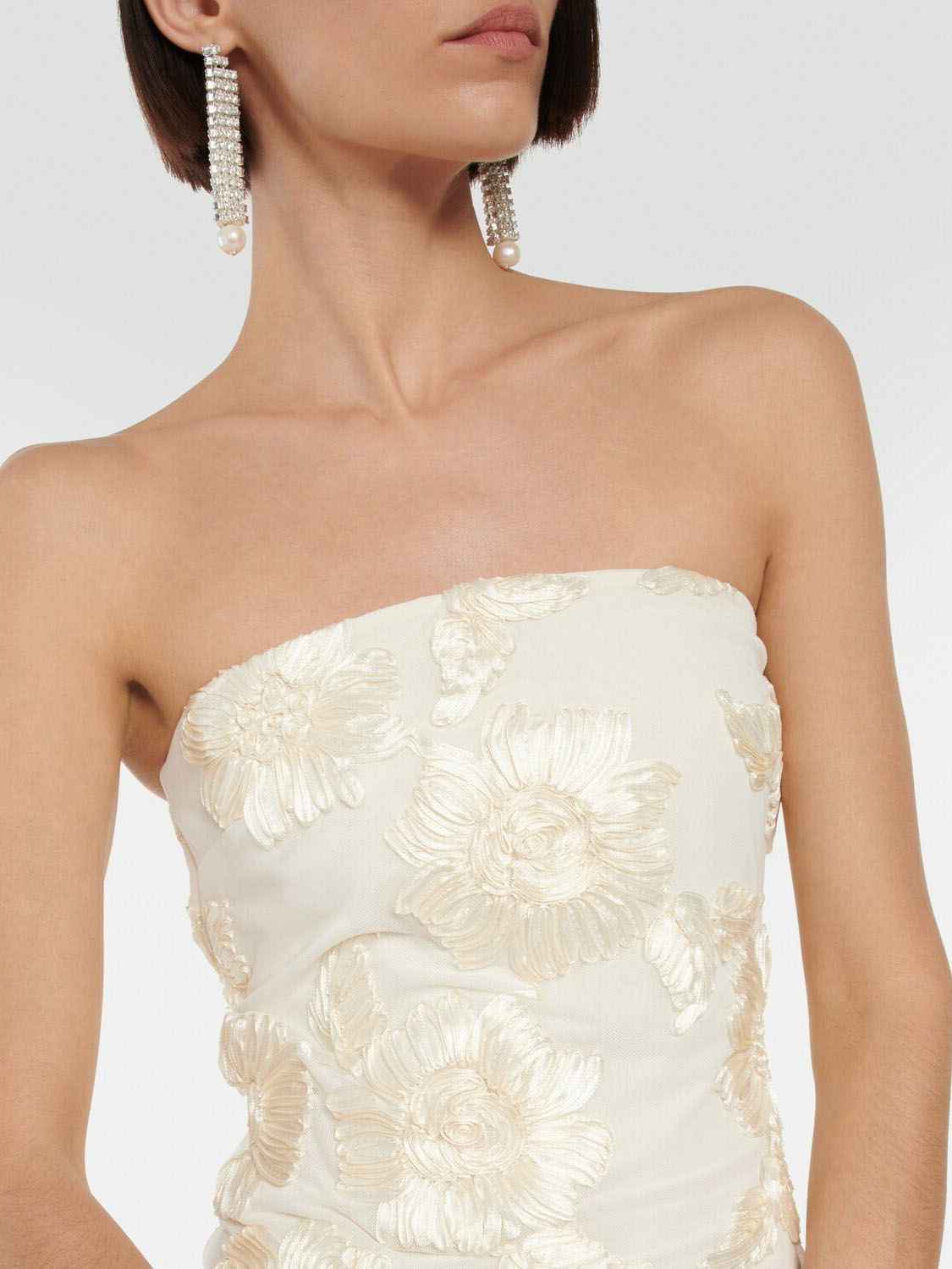 Strapless Floral Lace Appliqué Tulle Mermaid Gown with Train