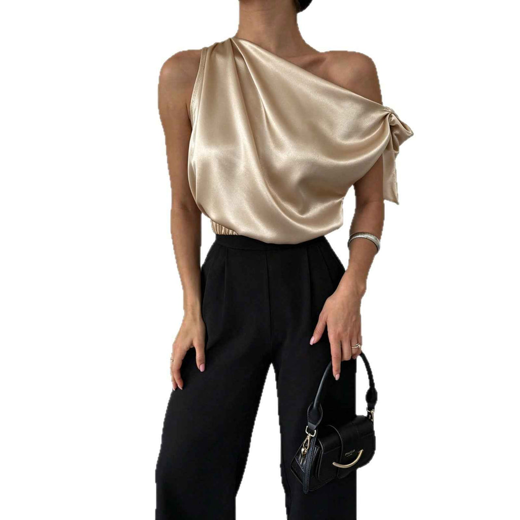 Women's Satin Off-Shoulder Asymmetric Bow Blouse — 4 Colours