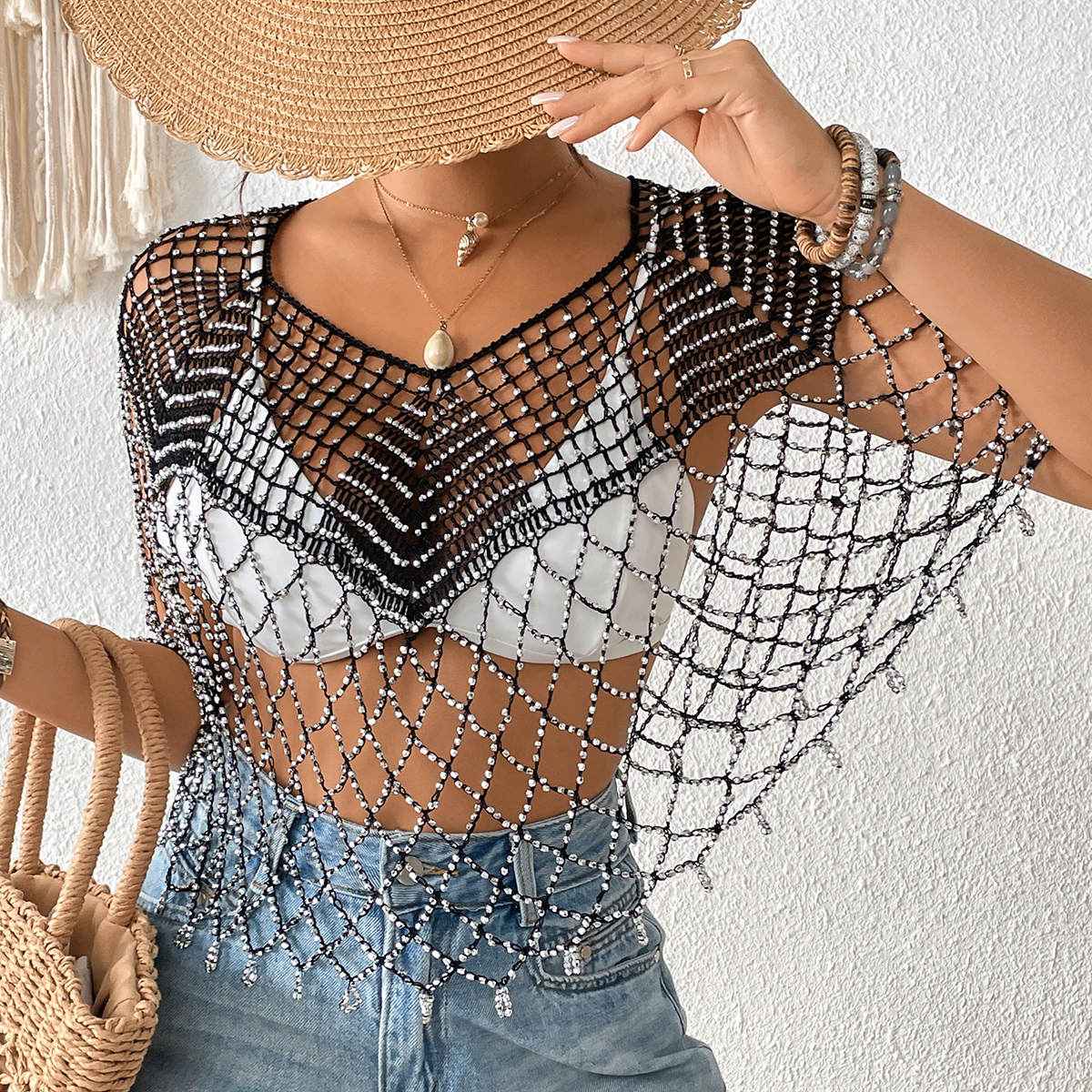 New Arrival Women Hollow Out Beaded Tassel Cape Shawl, Sheer Sun Protection Bikini Cover Up, European American Resort Beach Outfit