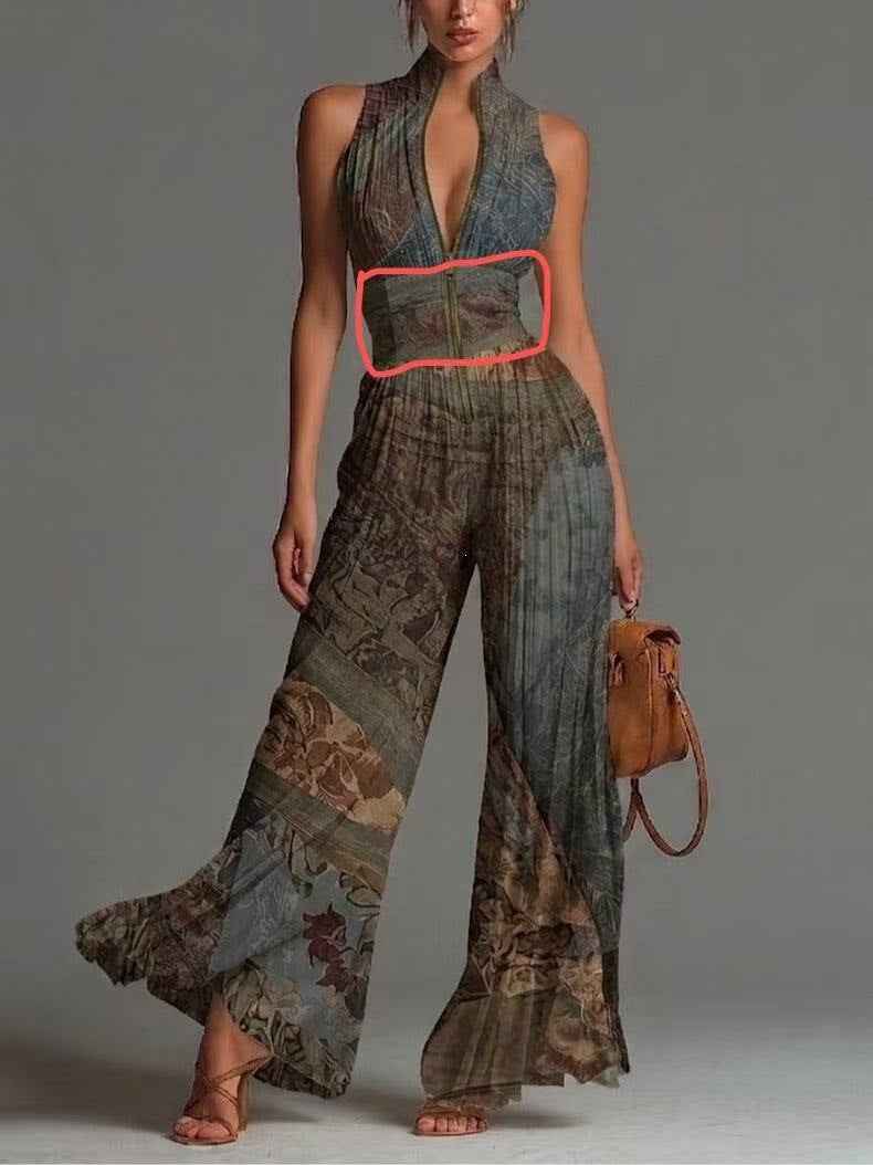 Wide-Leg Jumpsuit – Halter Neck, Deep V, Pleated High Waist & Front Zipper