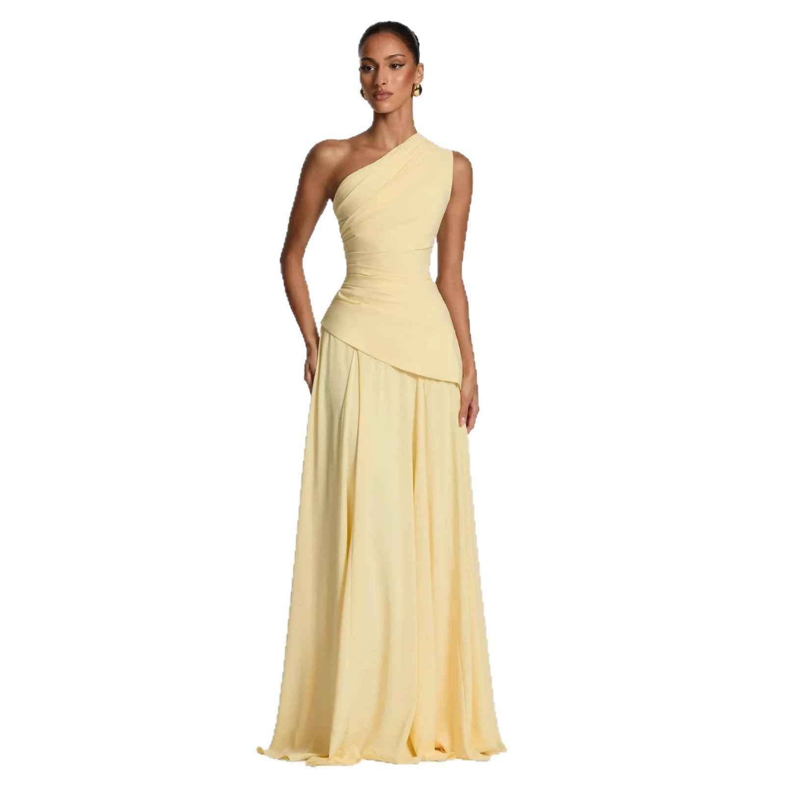 Women's One-Shoulder Metallic Yarn Evening Gown — Lace-Up & Straight Silhouette