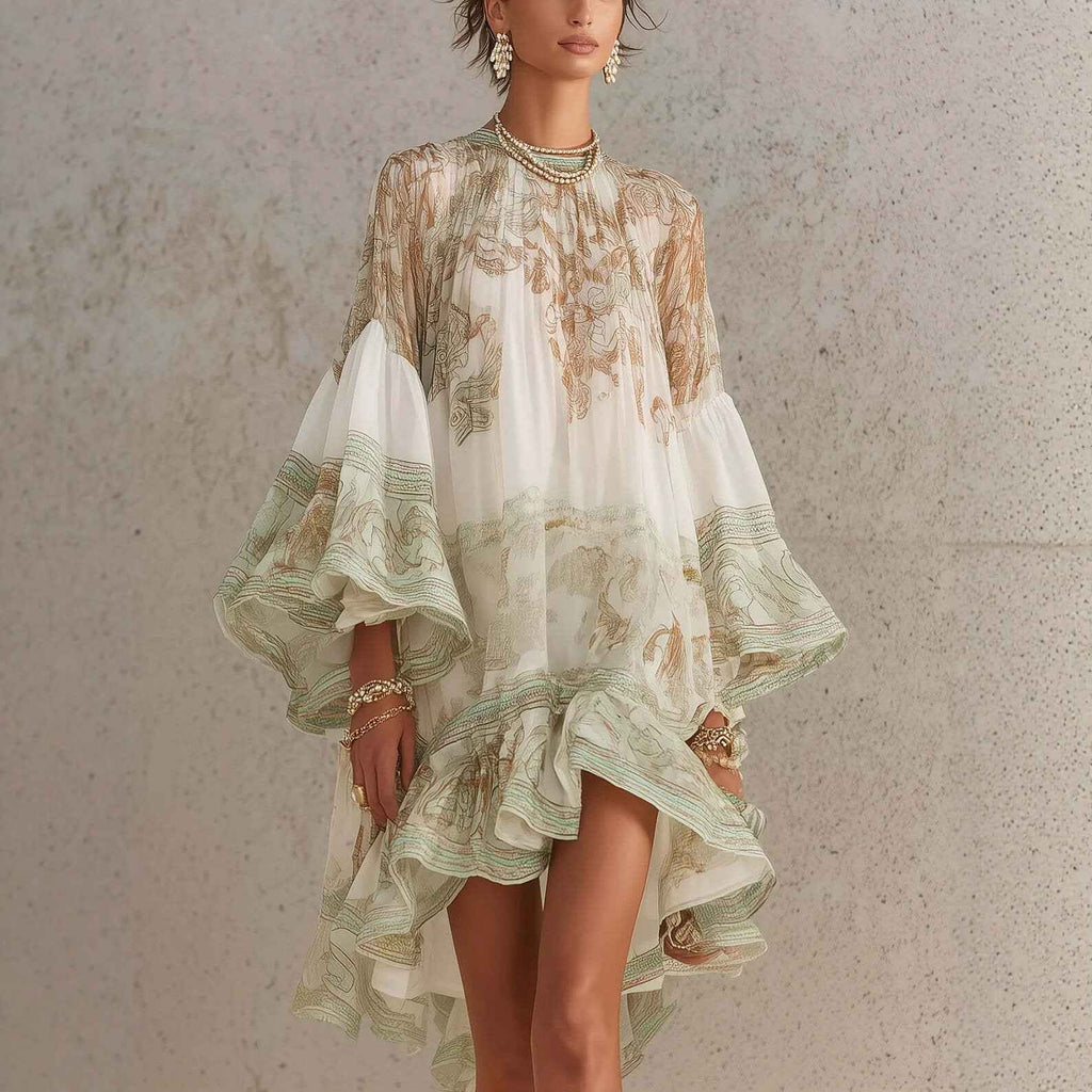 Chiffon Ruffle-Trim Midi Dress — Long Sleeve Resort Style
