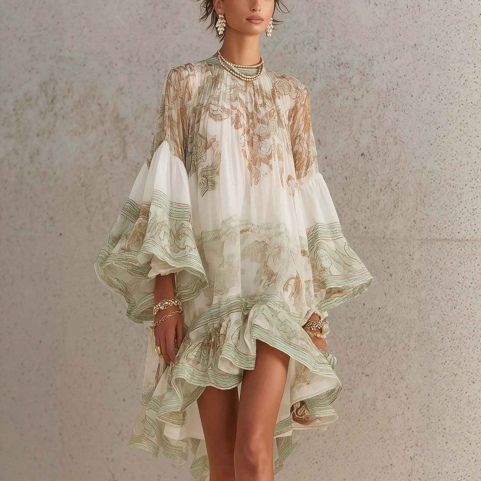 Chiffon Ruffle-Trim Midi Dress — Long Sleeve Resort Style