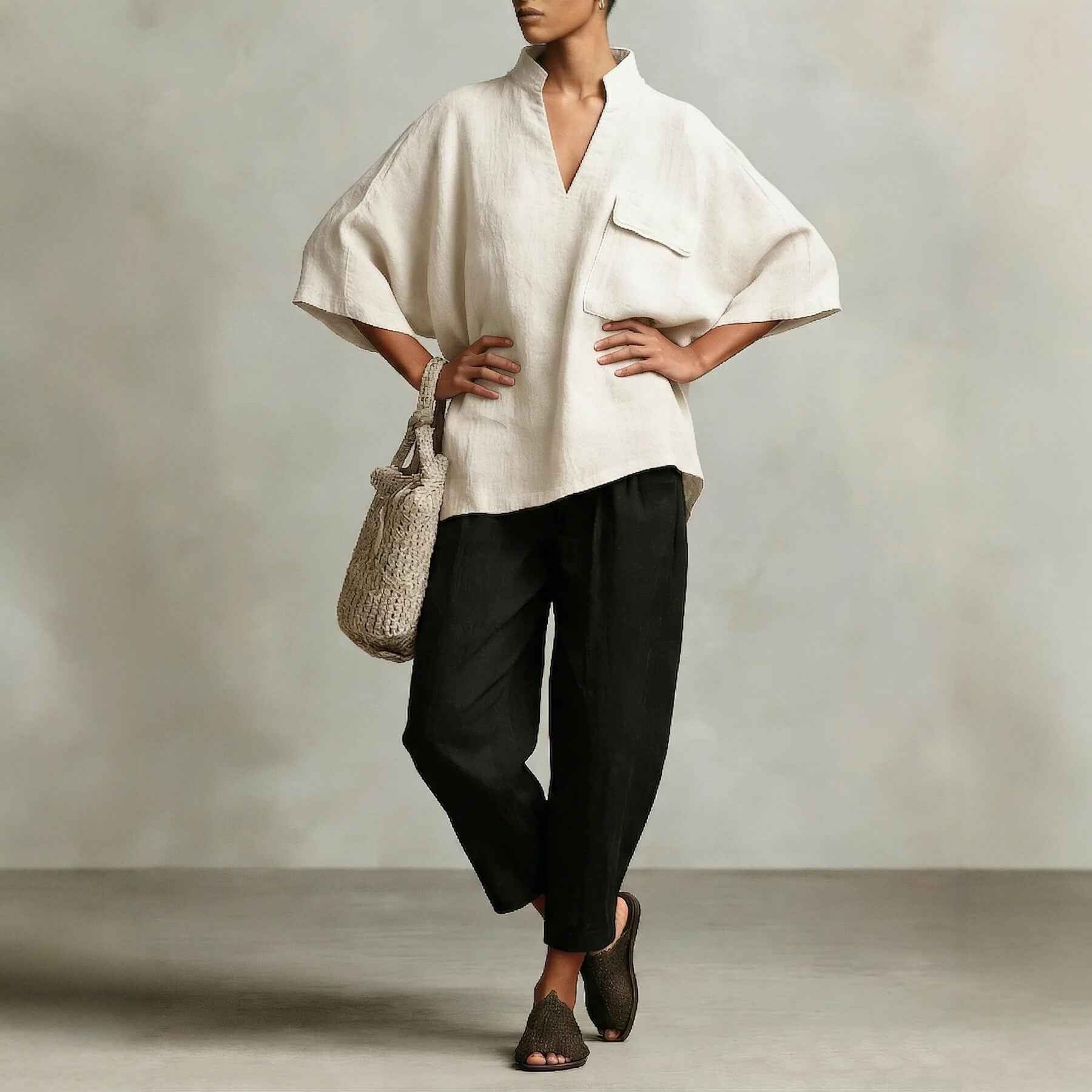 Cotton Linen Batwing Sleeve Shirt – Relaxed V-Neck with Pockets