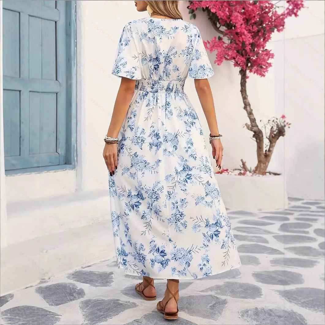Floral Print Short-Sleeve Maxi Dress — High-Waist Beach Dress