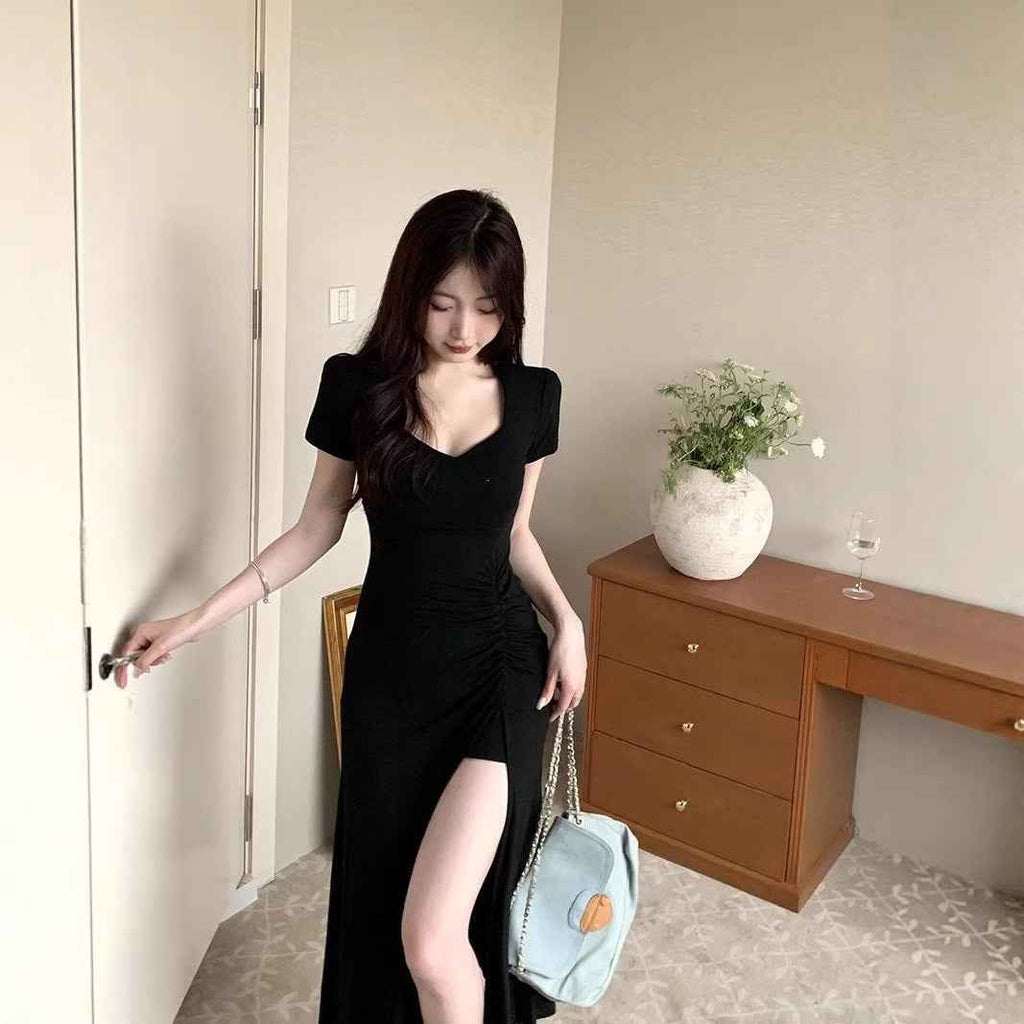 Three-Quarter Sleeve Square-Neck Patchwork Slim-Fit Slit Dress