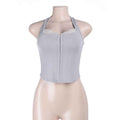 Strapless Lace-panelled Button-front Waist-cinching Top