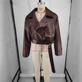 Lace-Up Turn-Down Collar Leather Jacket — Dark Brown