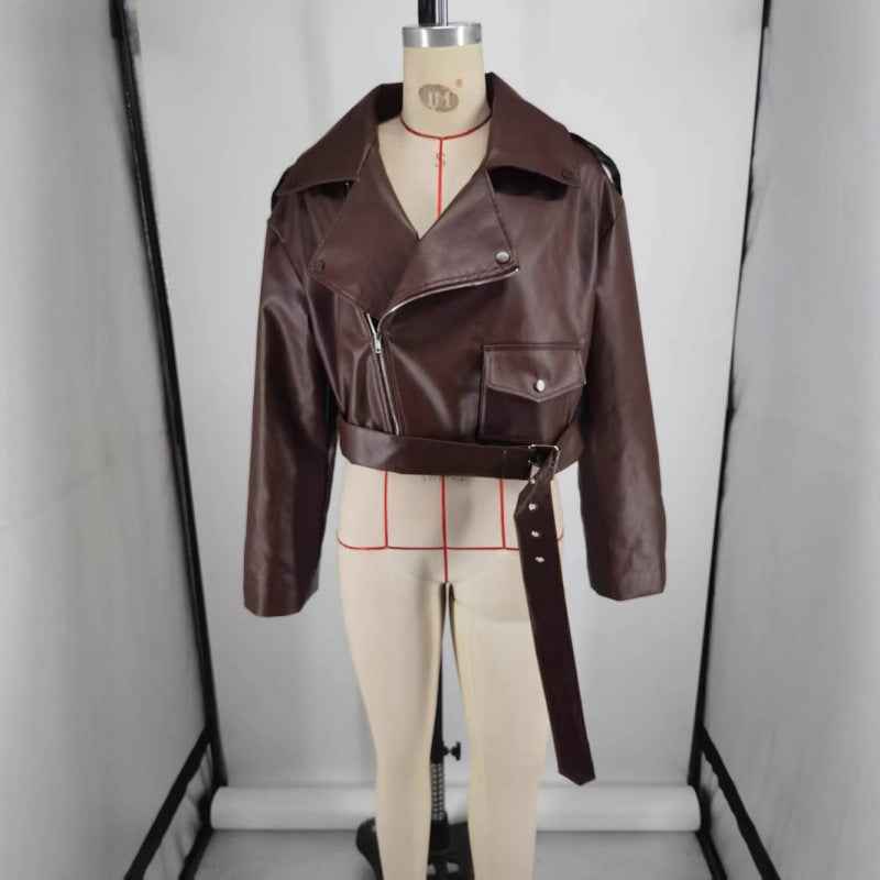 Lace-Up Turn-Down Collar Leather Jacket — Dark Brown
