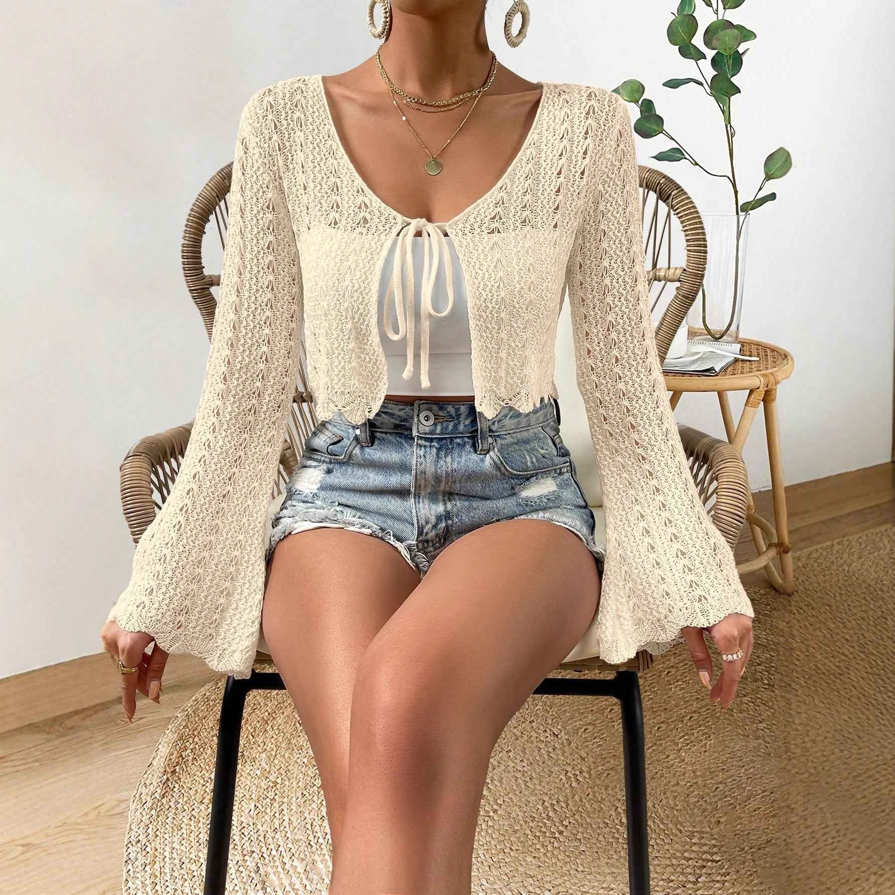 Women's Openwork Tie-Up Cardigan — Asymmetric Hem & Sun Protection