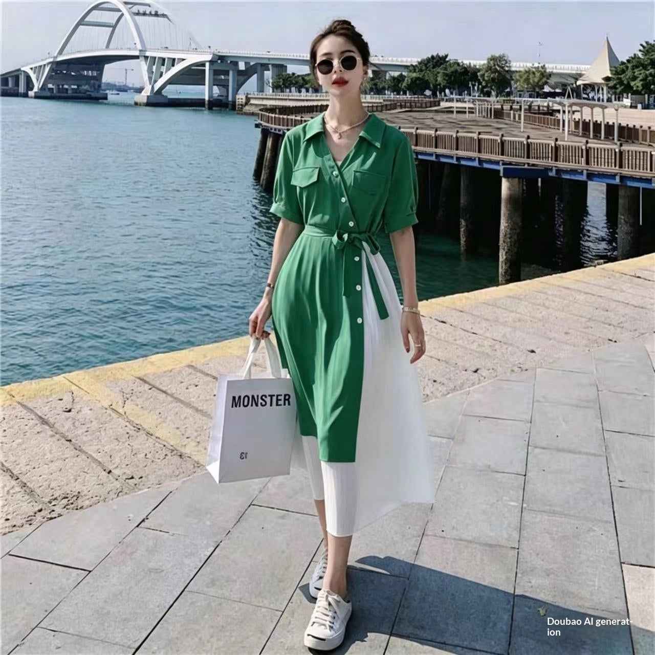 Fake Two-piece Short-sleeve V-neck Midi Dress