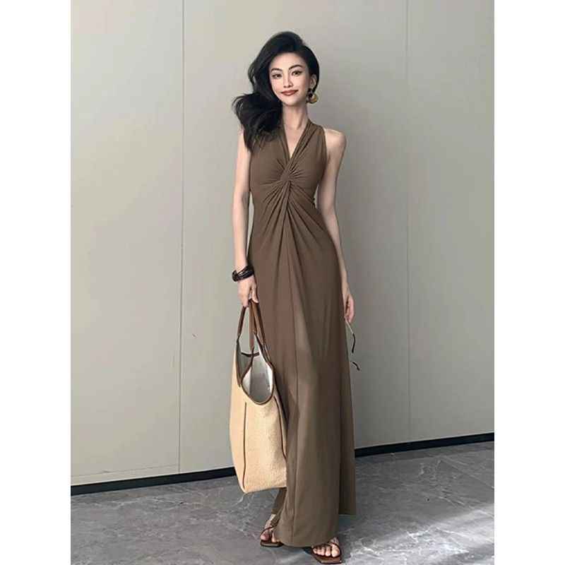 Women's Brown Sleeveless A-Line Maxi Dress — High Waist & Patchwork Detail