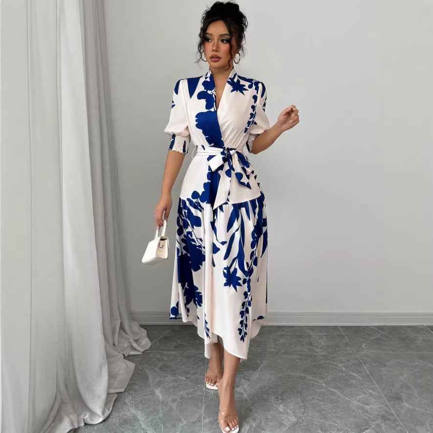Floral Print V-Neck A-Line Midi Dress — Blue & White, S–XL