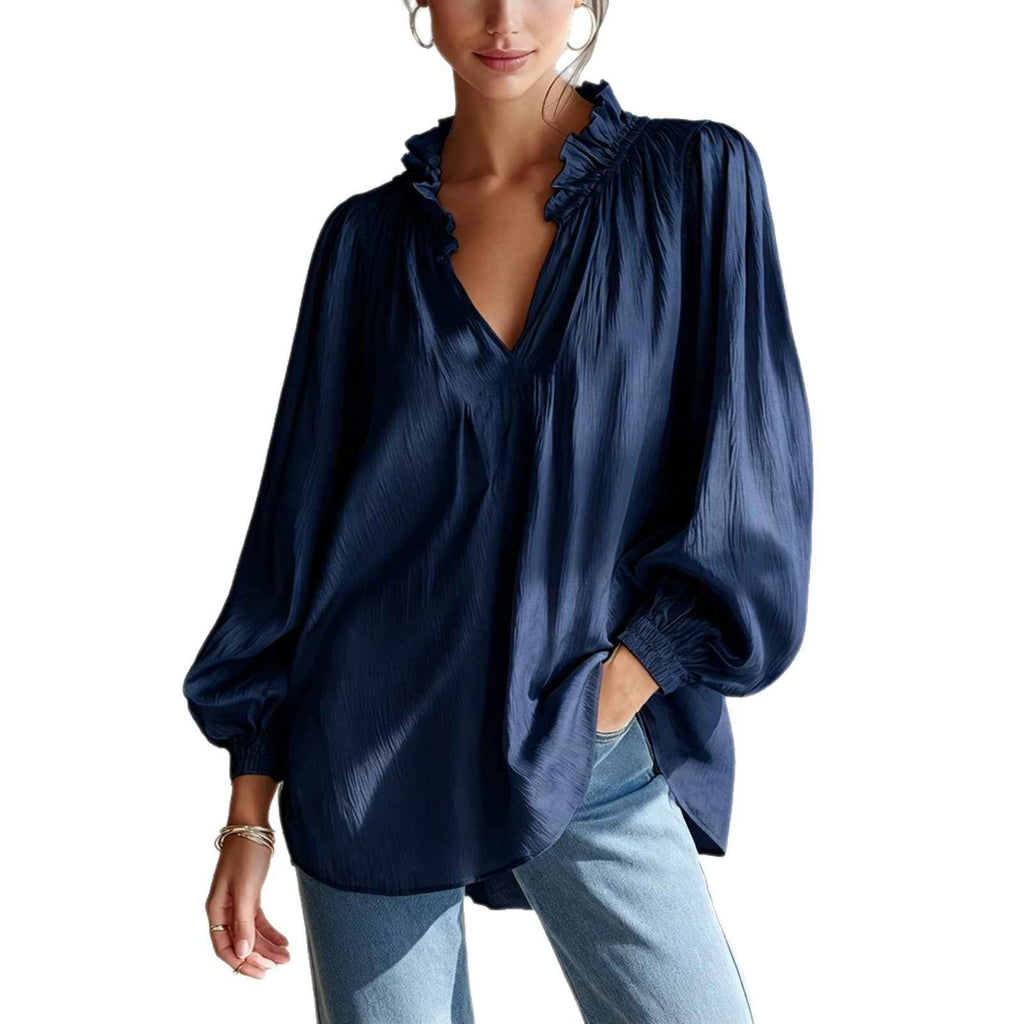 V-neck Loose-fitting Top With Puffed Balloon Sleeves