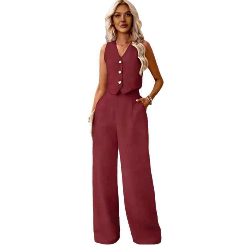 Sleeveless Vest & Trousers Set — Patchwork Detail, Casual Two-Piece