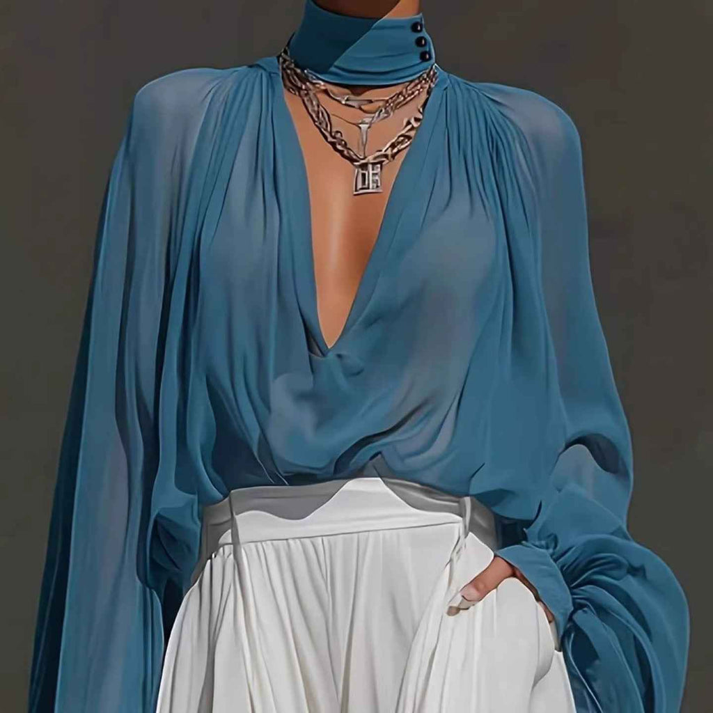 Pleated Long-Sleeve Pullover Top — Relaxed Fit, Elegant Workwear