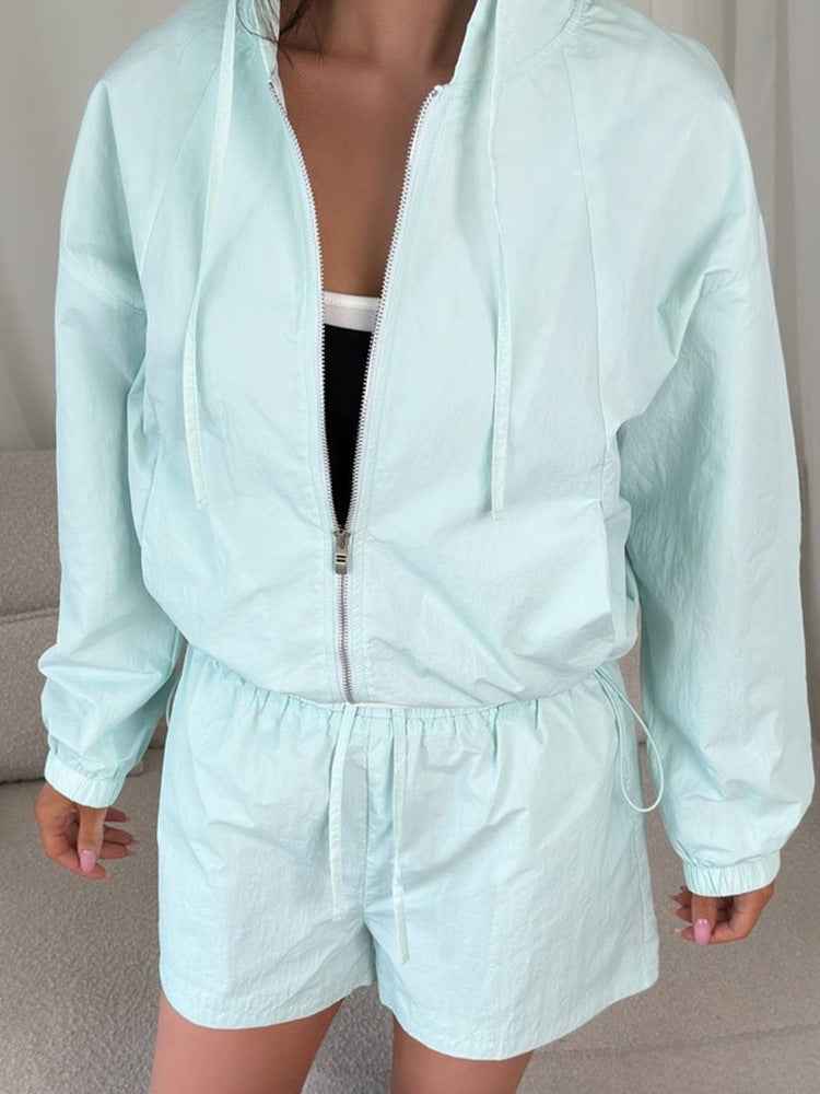 Womens Long-sleeve Zip-up Cardigan And Shorts Set