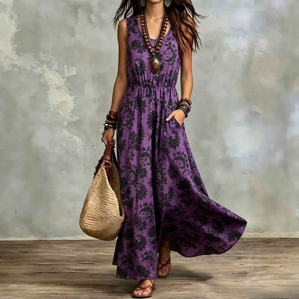 Elegant Sleeveless Printed Long Dress With Pockets