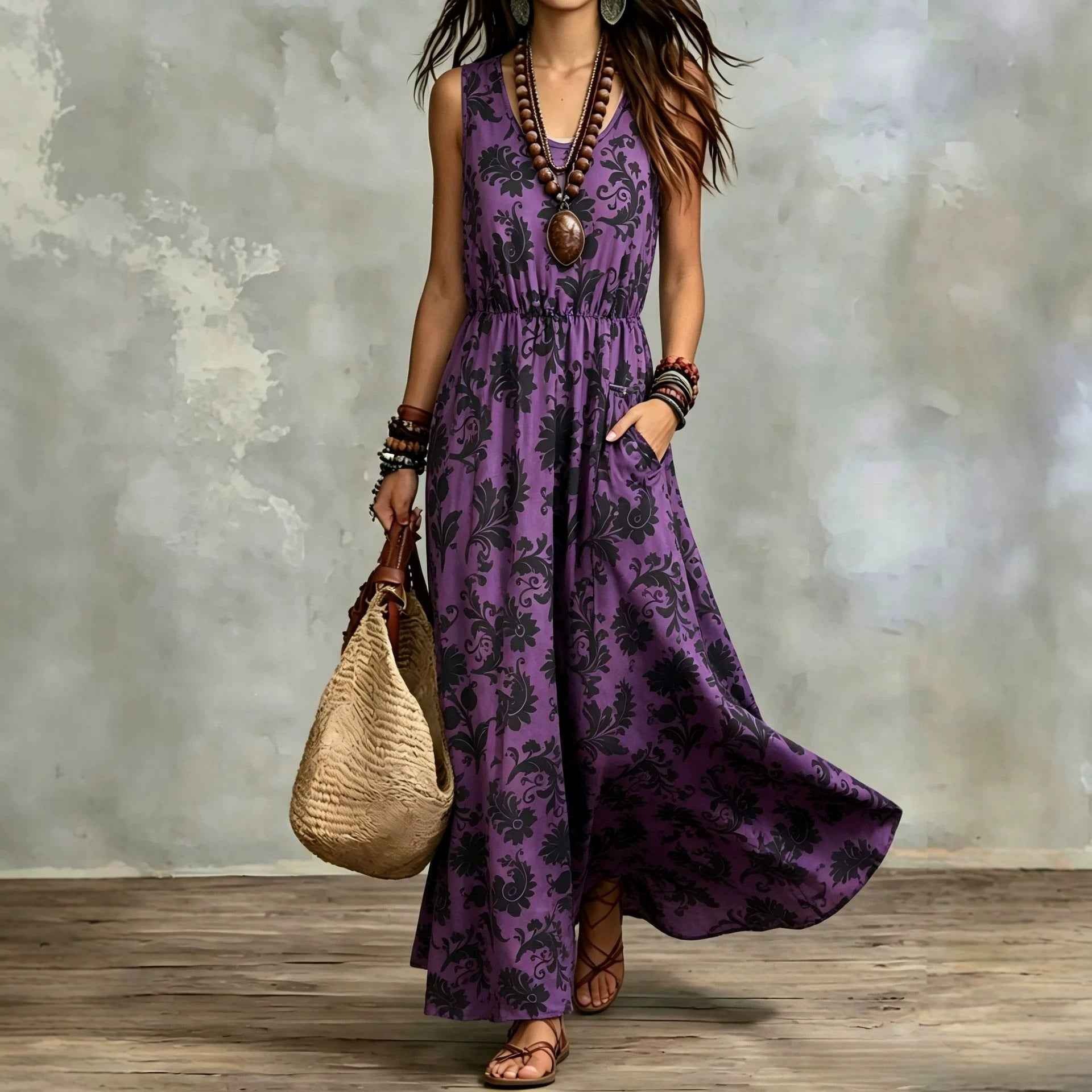 Elegant Sleeveless Printed Long Dress With Pockets