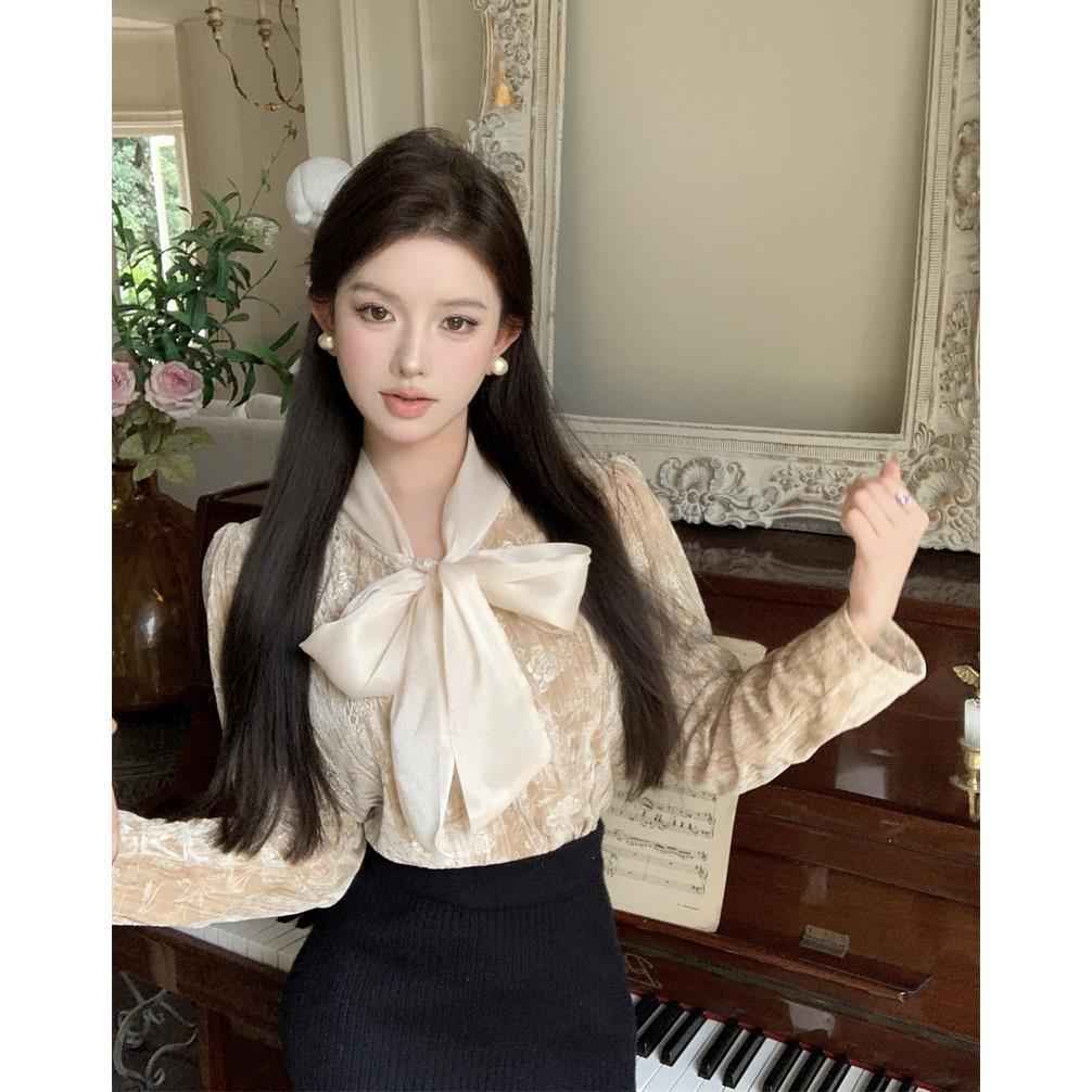 French-Style Bow-Tie Lace-Up Soft Satin Long-Sleeve Shirt