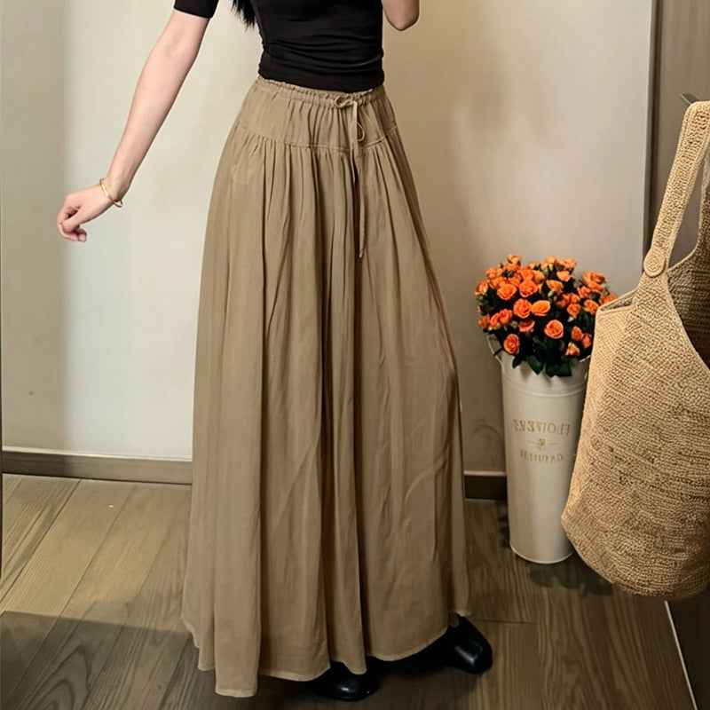 Figure-flattering Mid-length A-line Pleated Skirt With A Drawstring