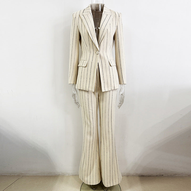 Pinstripe Brushed Suit Jacket & Pants Set — Street-Chic Two-Piece