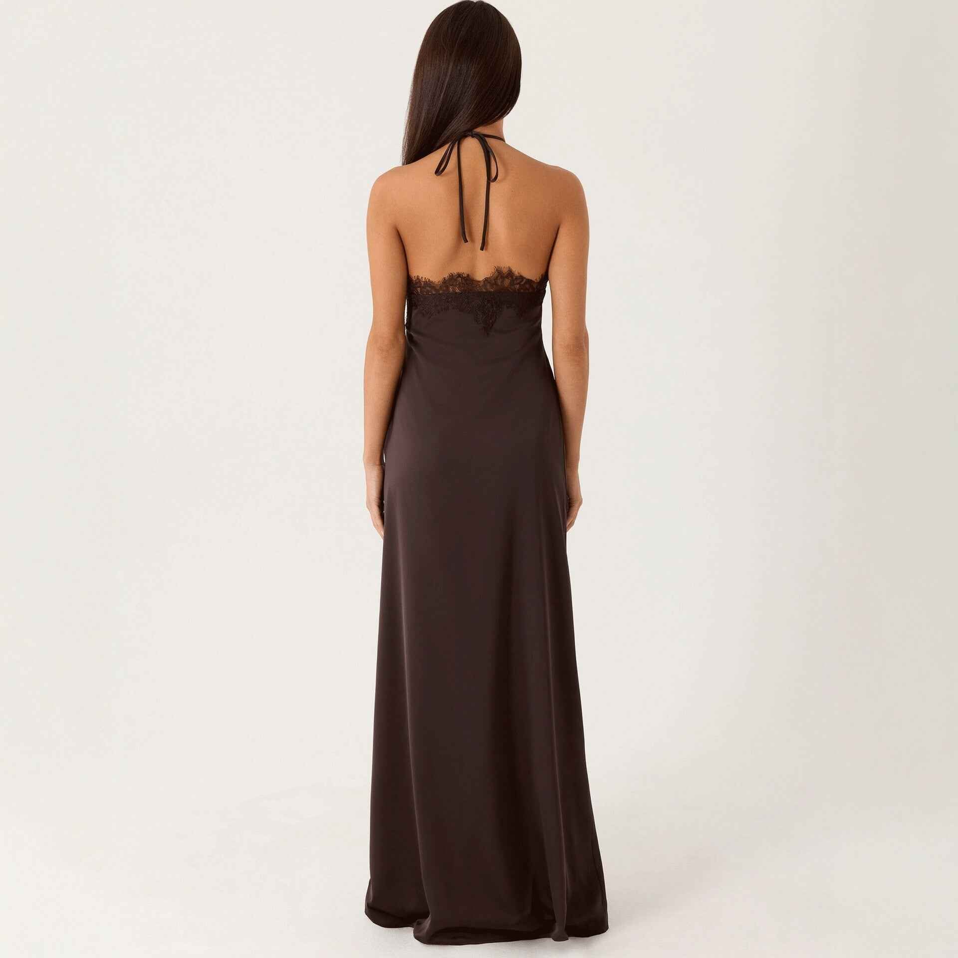 Lace-Spliced Open-Back Slim-Fit High-Waist A-Line Long Slip Dress