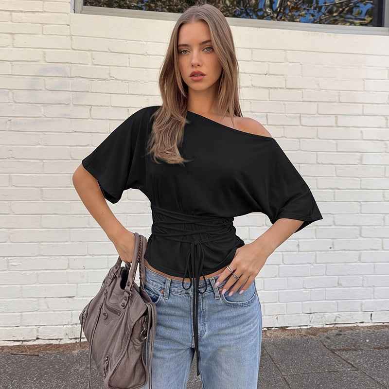 Lace-Up Back Drop-Shoulder Top – Waist-Cinching Milk Silk Tee