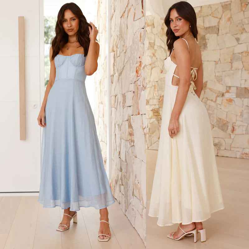 Strap-printed Backless Dress With A Slit At The Hem