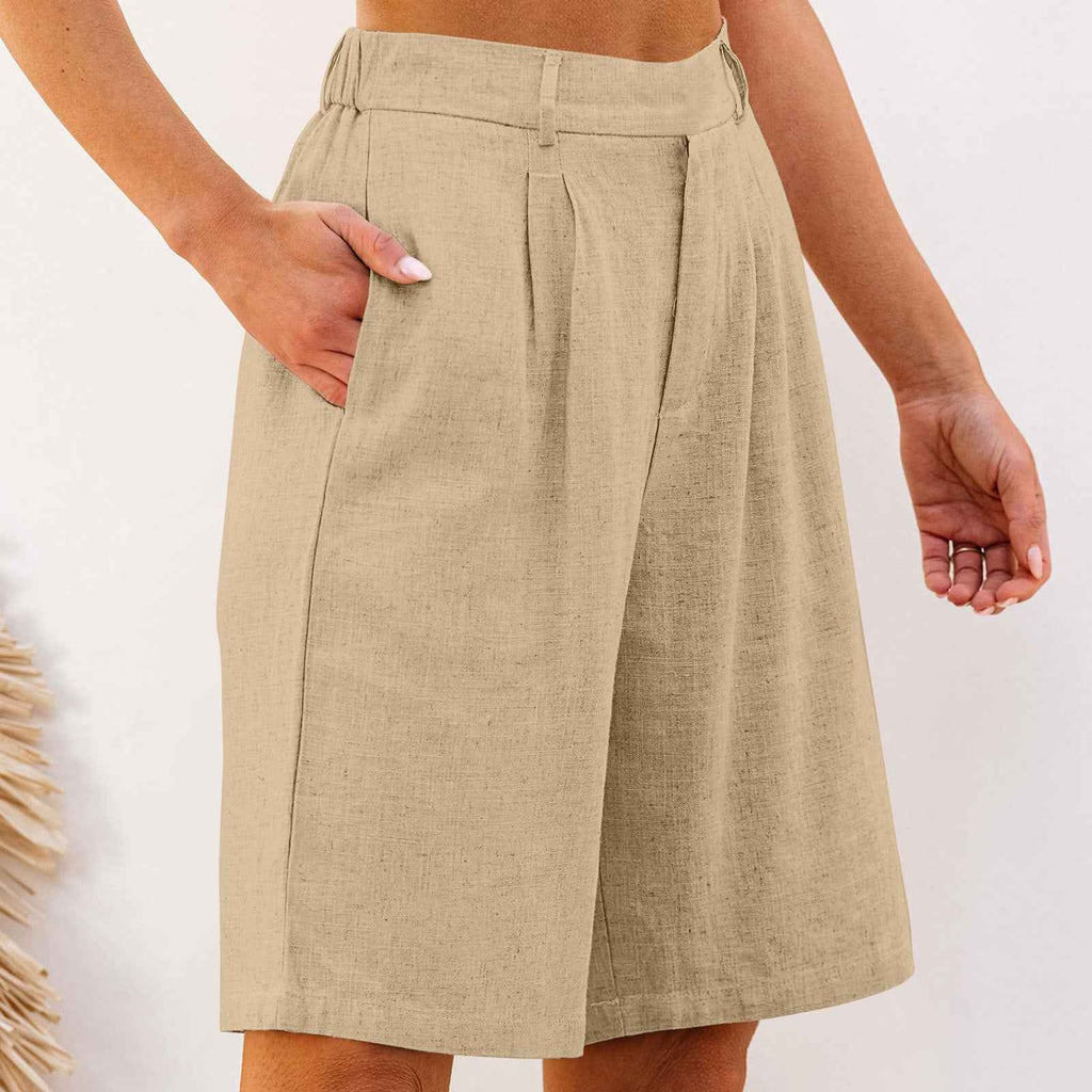 Cotton-Linen Solid-Color Loose-Fit Straight Cropped Pants With Pockets