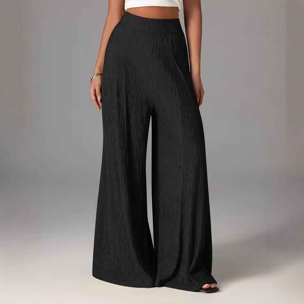 Elastic-waist Loose Solid-color Trousers High-waisted Wide-leg Pants