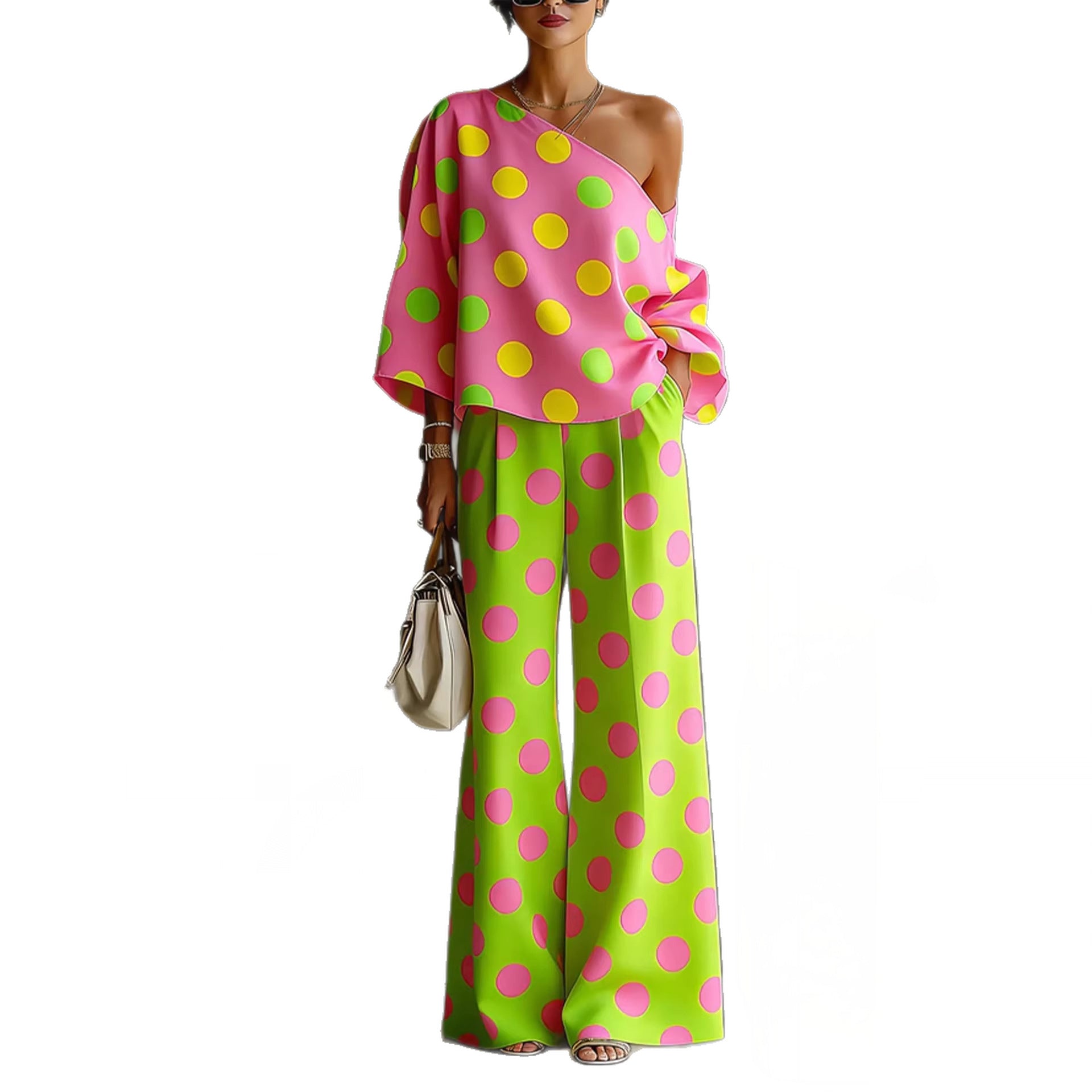 Polka-Dot Print Off-Shoulder Top & Full-Length Pants Set