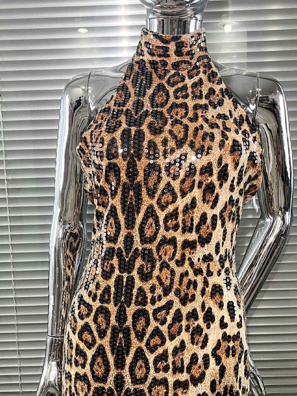 Leopard Print Sequin Halter-Neck Mermaid Gown