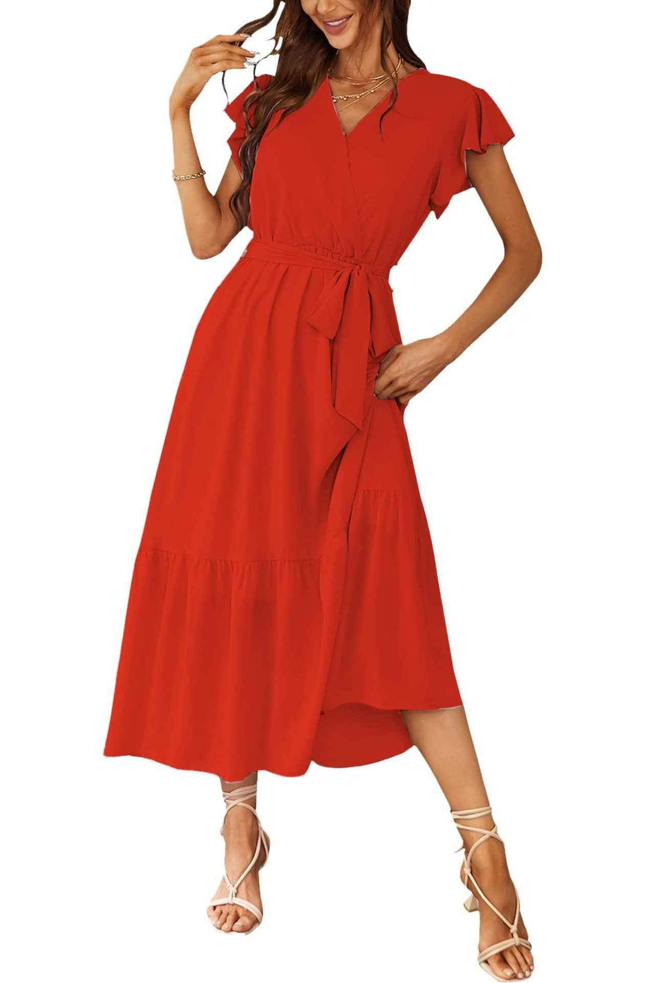 Womens Floral Print Flounce Short-Sleeve Midi Dress