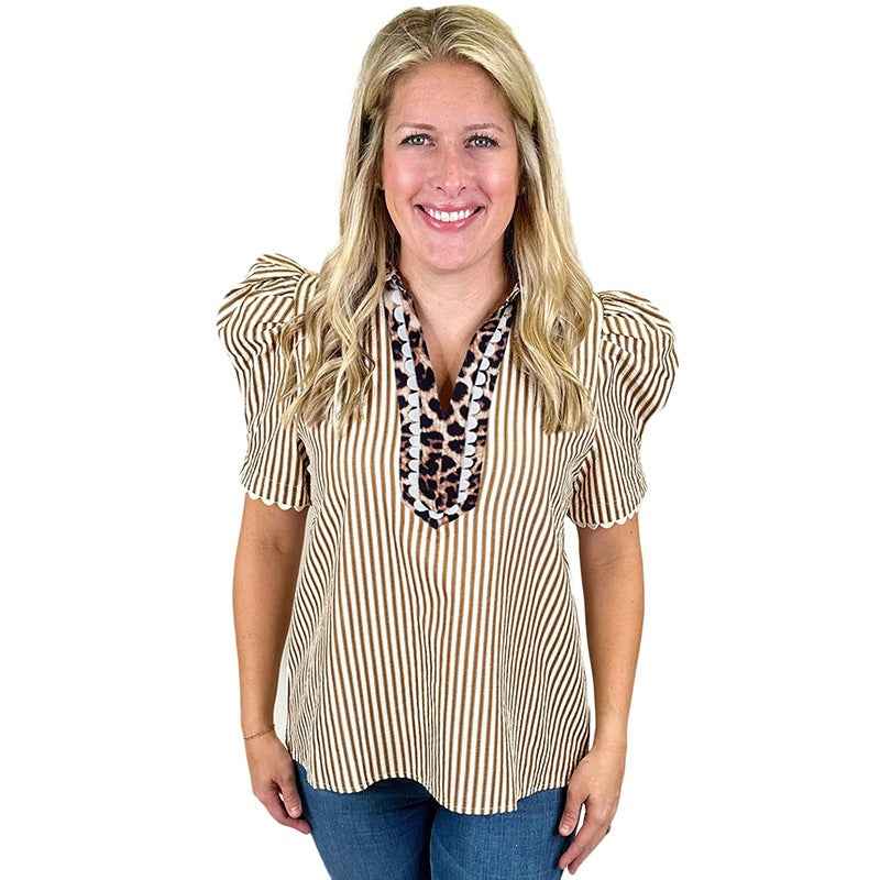 Women's Color-Block Printed Chiffon Puff Sleeve Blouse