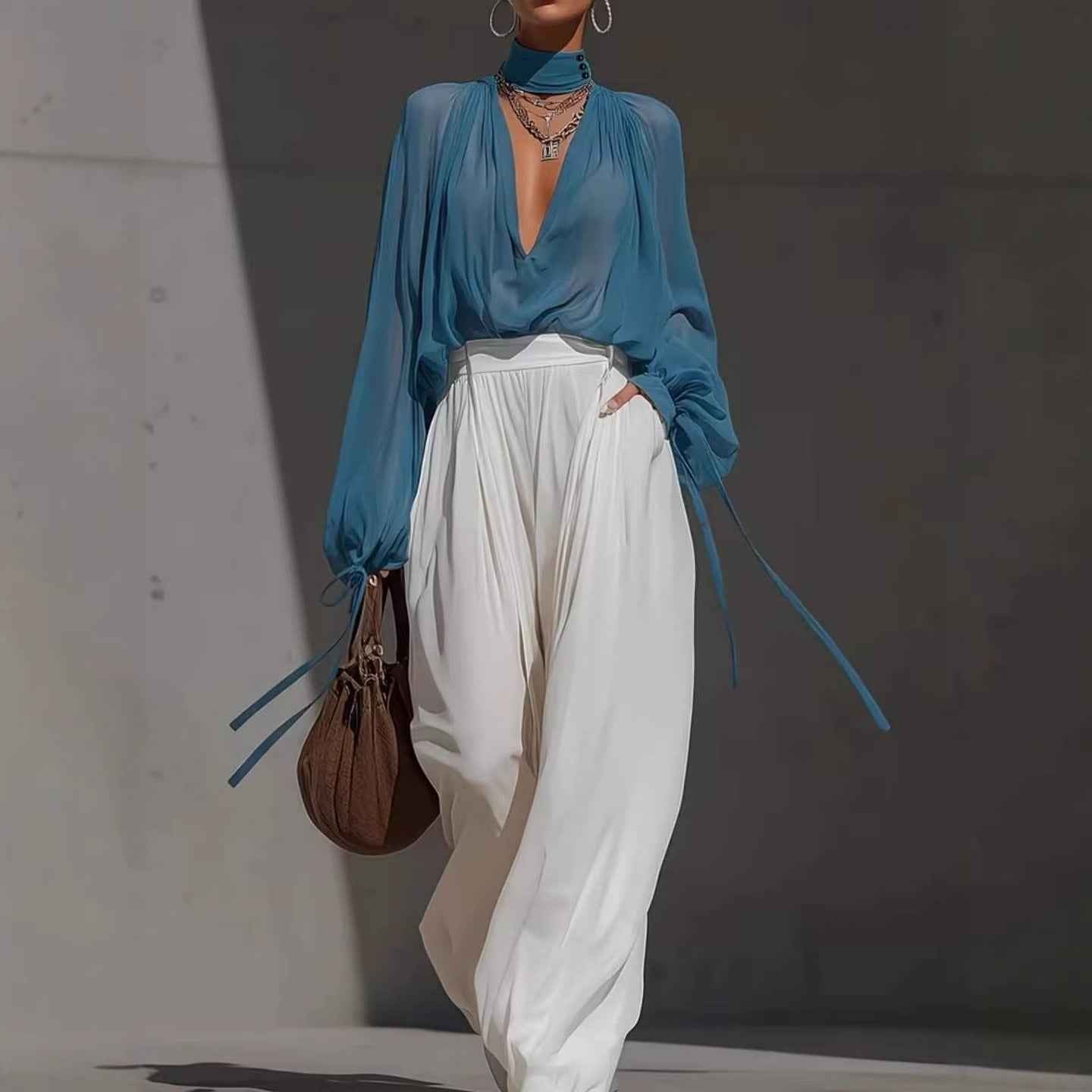 Pleated Long-Sleeve Pullover Top — Relaxed Fit, Elegant Workwear