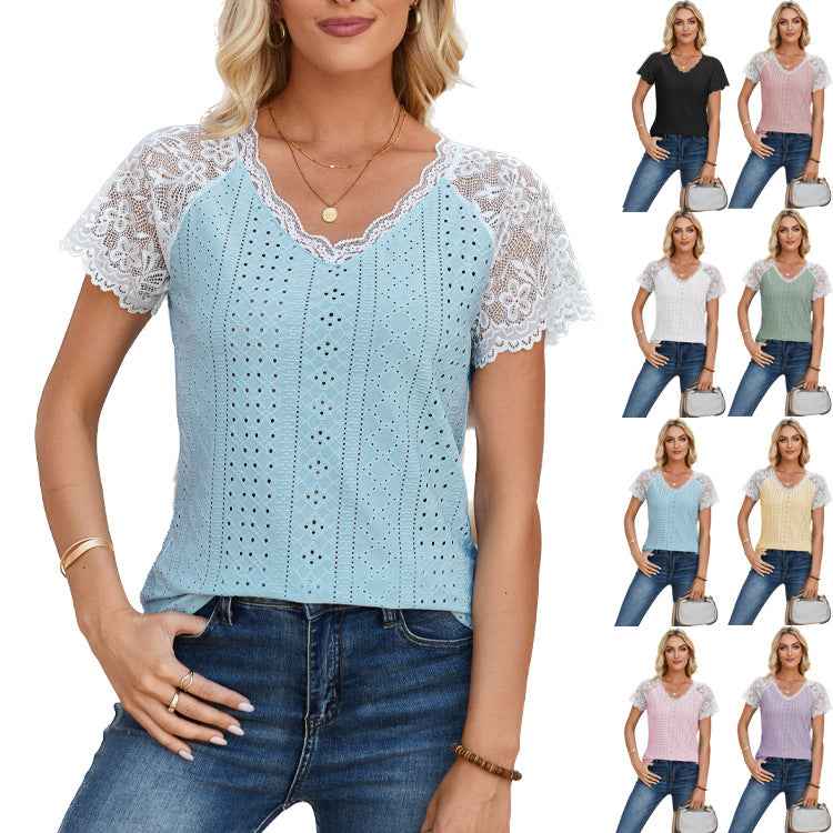 Eyelet Lace-Trim V-Neck Top