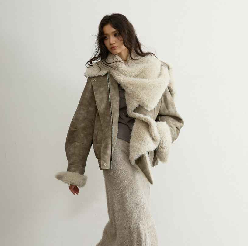 PU Leather Jacket – Detachable Fur Collar, Sand