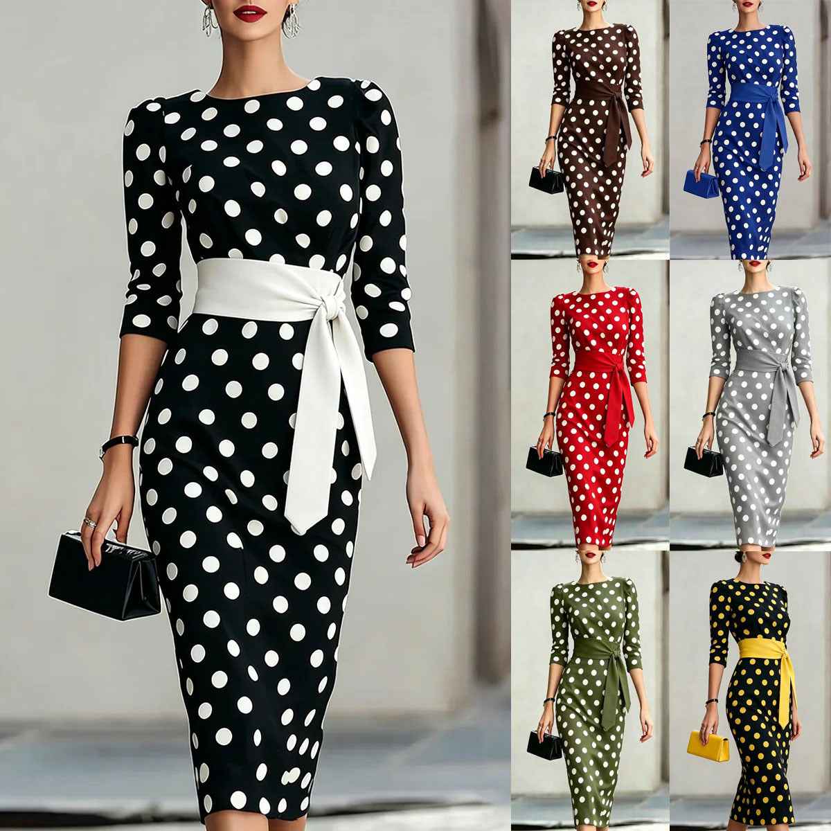 Polka Dot Cross-Tie Knit Bodycon Midi Dress