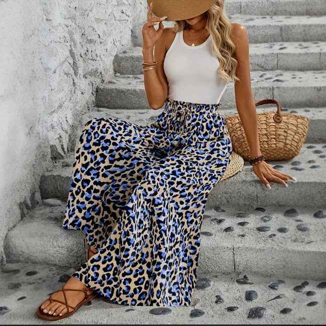 High Waist Leopard-print Printed Loose Casual Wide-leg Pants Trousers